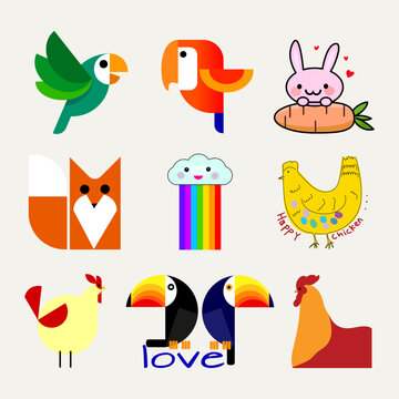 Set of animal bird, chicken, rabbit, fox, icon mascot character logo vector illustration design.