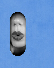 Secrets. Black and white female part of lips over blue background. Geometric shape. Emotive body...