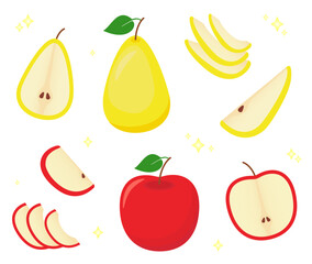 Apple and pear. Pieces and whole. Vector fruit.