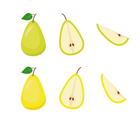 Yellow and green pear. Pieces and whole. Vector fruit.