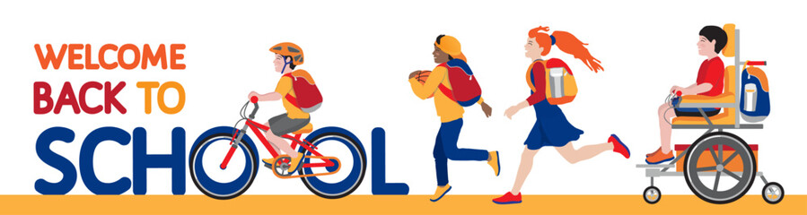 Happy schoolers hurry back to school. Smiling schoolgirl, dark skin schoolboy run with backpacks and a basket ball, cycling on a bike, weel chair. School season beginning, inclusion vector concept. 