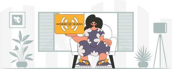 Girl sitting on floor, looking at IoT logo in modern vector style.