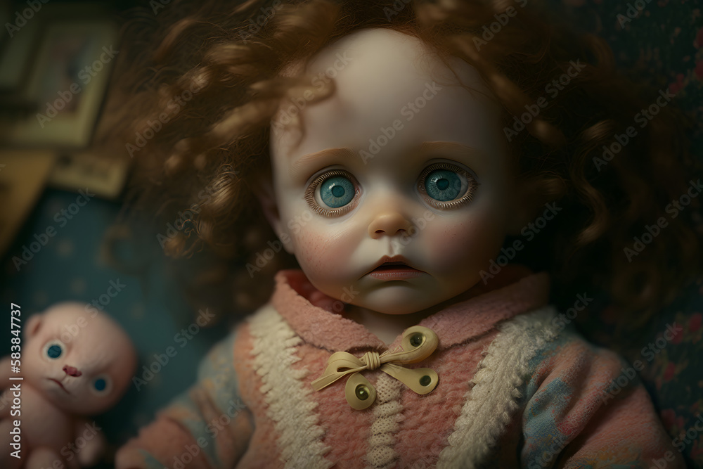 Wall mural Scary Creepy doll. Generative AI