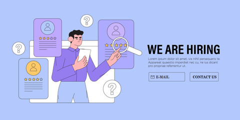 Recruitment agency, hiring employees. Hr manager selects the best candidate for job vacancy. CV, resume analysis. Hand drawn vector illustration isolated on purple background, flat cartoon style.