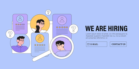 Recruitment agency, hiring employees. Hr manager selects the best candidate for job vacancy. CV, resume analysis. Hand drawn vector illustration isolated on purple background, flat cartoon style.