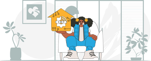 Girl holds IoT logo in modern vector style . seated on the floor.