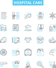 Hospital care vector line icons set. Hospital, Care, Treatment, Nursing, Medicine, Patients, Physician illustration outline concept symbols and signs