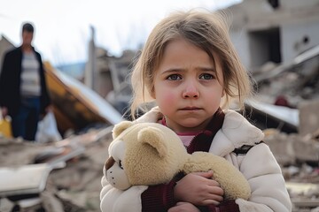 young girl holding teddy bear in her arm standing in front of destroyed house in nature disaster area, or war victim, Generative Ai - obrazy, fototapety, plakaty