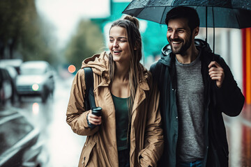 Smiling young couple walking in the rain day. Generative AI illustration.