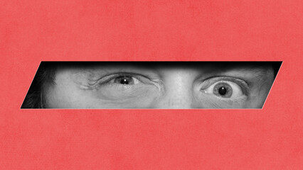 Suspicious look. Male attentive eyes looking out. Red background. Finding secrets. Contemporary art collage. Conceptual design. Concept of creativity, abstract art, imagination and inspiration.