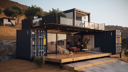 eco friendly hotel building made from used shipping container box, environmental preservation concept, generative ai