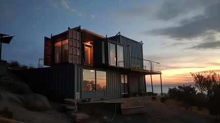 eco friendly hotel building made from used shipping container box, environmental preservation concept, generative ai