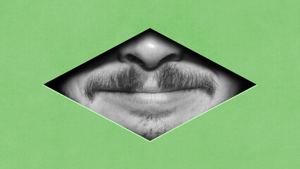 Black and white image of male face part, lips and moustaches against green background in geometric...