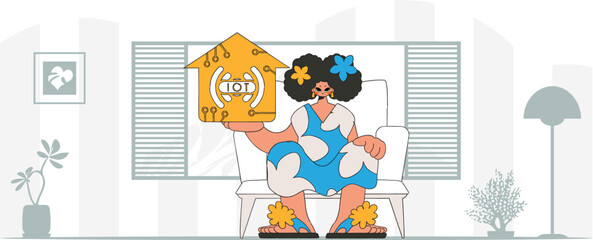 Girl seated on floor, with IoT logo, in modern vector character style.