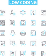 Low coding vector line icons set. No-code, Visual, Declarative, Automation, Platform, Application, Mobile illustration outline concept symbols and signs