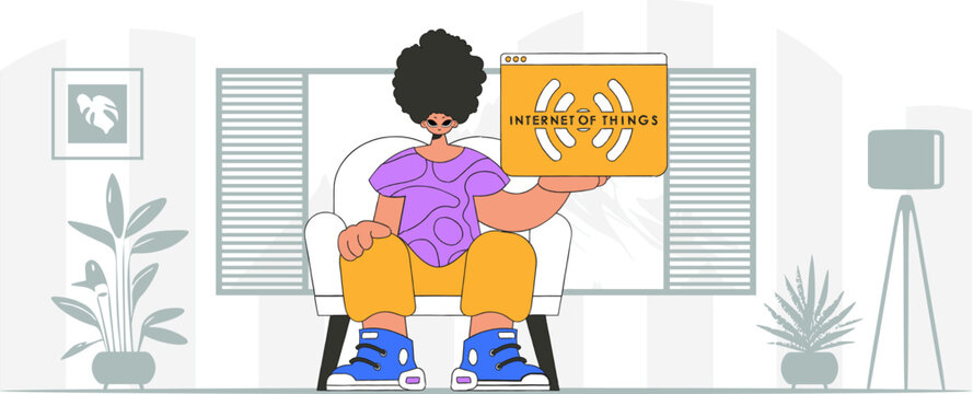 A person sitting on the ground, clutching an Internet of Things logo in modern cartoon style.