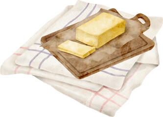 Watercolor butter illustration. Hand drawn sliced stick of butter on wood cutting board and textile napkin isolated on transparent background. Cooking ingredient sketch. Fresh dairy farm product