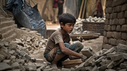 close up portrait of a poverty boy working as labor at construction site, idea for children rights and human right, Generative Ai not real person