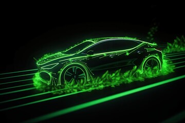 Carbon Neutral Car. Green neon modern futuristic car made from materials that have a low carbon footprint, such as recycled plastic, natural fibers, or biodegradable materials. AI generative