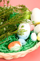 Easter background with eggs and spring flowers