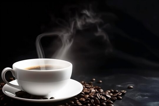Hot Black Espresso in White Cup on Background Closeup Shot with Coffee Beans and Smoke © Thares2020