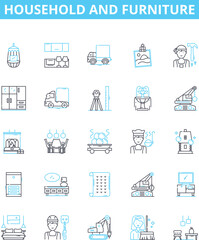 Household and furniture vector line icons set. Furniture, Sofa, Chair, Table, Couch, Shelves, Beds illustration outline concept symbols and signs