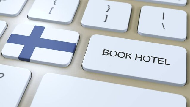 Book hotel in Finland with website online. Button on computer keyboard. Travel concept 3D animation. Book hotel text and Finnish national flag