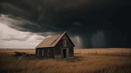 a wooden cabin in countryside, dark black cloud is coming with pouring rain storm, Generative Ai