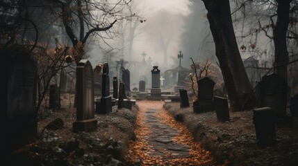 Fototapeta na wymiar big graveyard in forest with fog and smoke in day time, Generative Ai