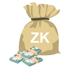 Zambian Kwacha Vector Illustration. Zimbabwe money set bundle banknotes. Money bag 10000 ZMW. Flat style. Isolated on white background. Simple minimal design.