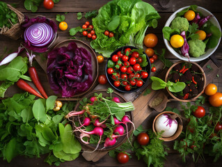 bountiful fresh salad ingredients, top-down perspective, country-style table, healthful eating inspiration, generative AI
