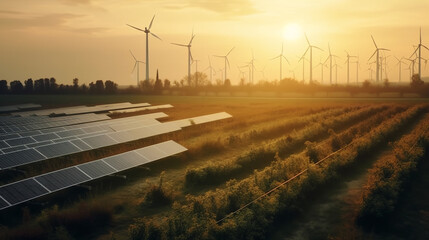 Wind turbines and solar cells proudly stand in a verdant field, basking in the warm sunlight, a testament to sustainable energy, generative ai.