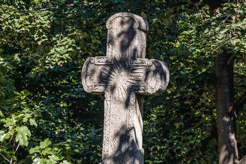 Stone cross in front of chapel in Palace park and Botanic garden in Balchik city, Bulgaria