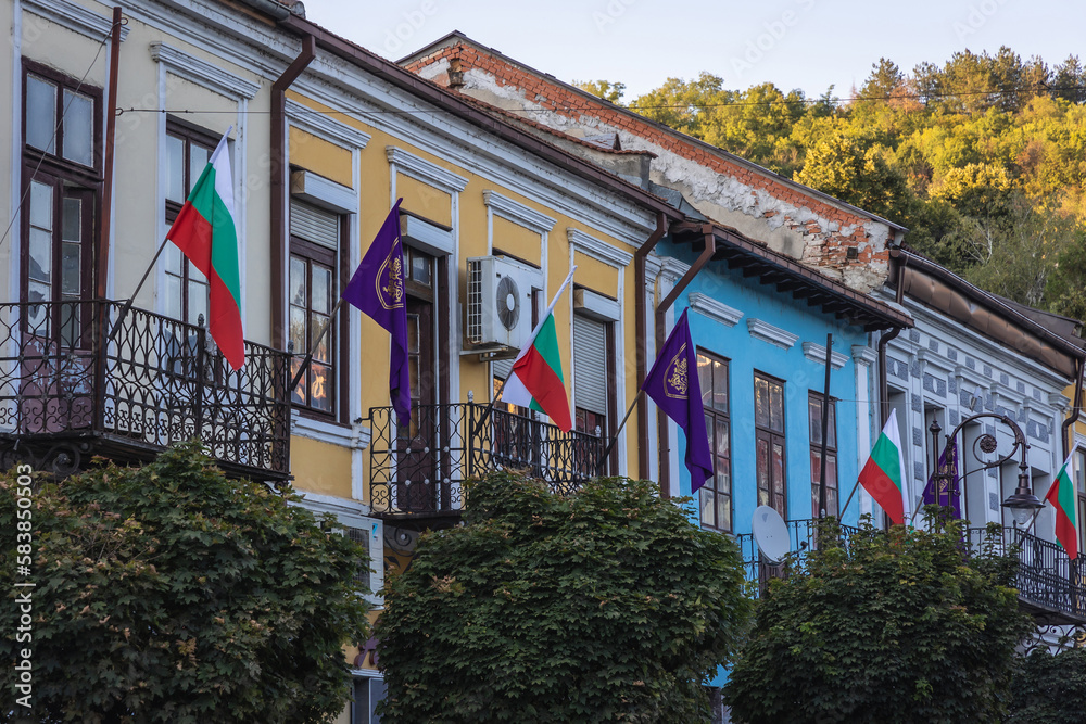 Poster Buildings on Independence Boulevard in Old Town of Veliko Tarnovo city, Bulgaria