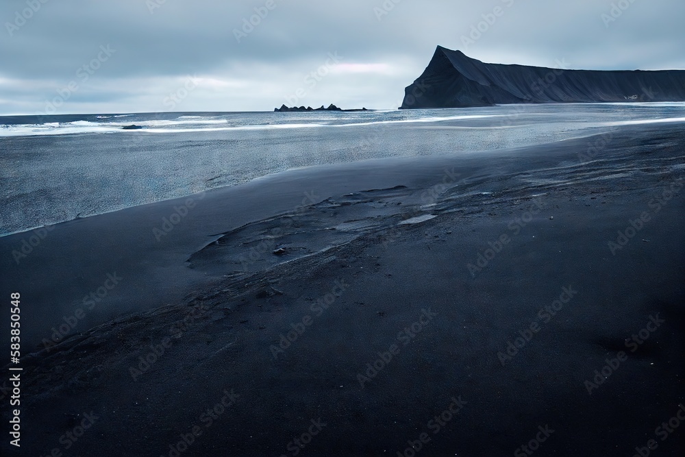 Wall mural Dark gray landscape of deserted sandy shore of iceland beach, created with generative ai