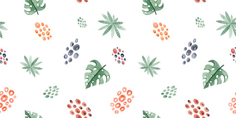 Watercolor seamless pattern with beautiful bright abstract elements and leopard spots. Colorful animalistic texture for any design. Modern Art.