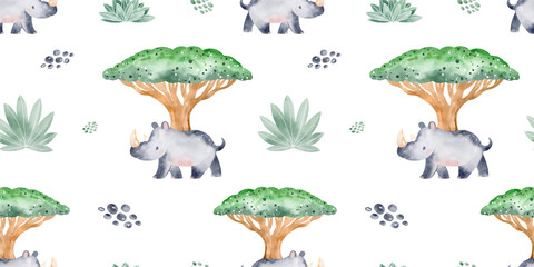 Animals of Africa seamless pattern with tropical leaves. Watercolor seamless pattern. Packaging design, poster, fabrics, digital paper, sublimation.
