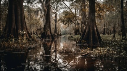 jungle swamp landscape, idea for nature scenery background,  Generative Ai