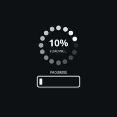 Loading bar at 10%, web preloader on dark background. Update or download progress, progress bar diagram icon, technology flat design.