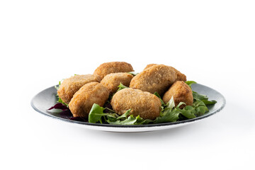 Traditional spanish fried croquettes isolated on white background.