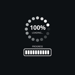 Loading bar at 100%, web preloader on dark background. Update or download progress, progress bar diagram icon, technology flat design.