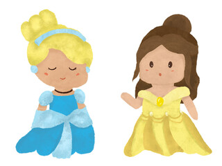 Cute Cinderella and Belle Princess Drawing Illustration Chubby looks