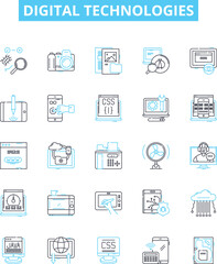 Digital technologies vector line icons set. Digital, Technologies, Computation, Networks, Software, Automation, Communication illustration outline concept symbols and signs