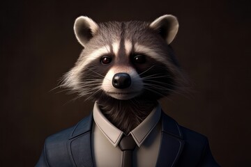 Portrait of a raccoon dressed in a formal business suit. Generative AI