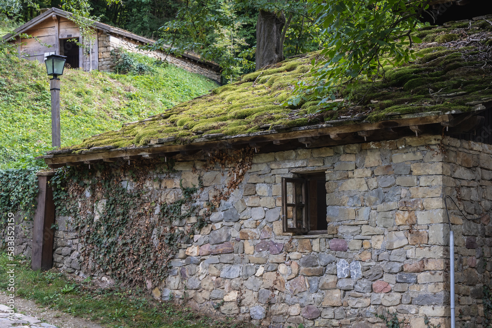 Sticker Stone building in Etar folk open air museum in Grabovo town, Bulgaria