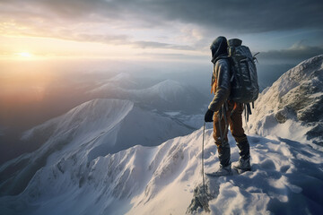 The mountaineer conquered the mountain in winter,  Climber on top of a winter view of snow-capped mountain peaks sunshine, AI generative