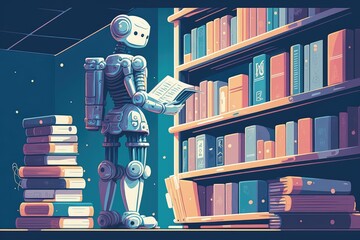 chatbot robot, helping out in library or bookstore, recommending books and other resources, created with generative ai - obrazy, fototapety, plakaty