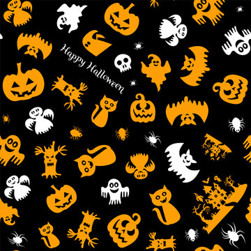 Seamless vector pattern for Halloween design. Halloween symbols: pumpkin, spider, death in cartoon style. Vector Illustration