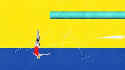 Young professional female swimmer jumping into sea against yellow background. Contemporary art collage. Bright colorful design.