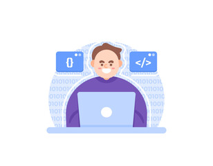 programmer, software or web developer, full stack developer, back end. a staff or male employee does coding or makes a program. work using a laptop. occupation and profession. vector elements